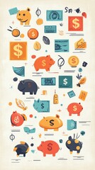 The infographic showcases an assortment of playful money characters, including piggy banks, coins, and banknotes in an engaging layout