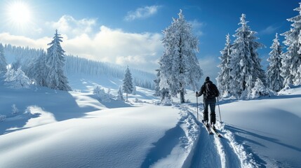 Germany- bavaria- brauneck- man on a ski tour in winter in the mountains
