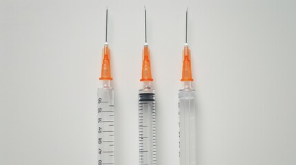 Three syringes with orange tips are lined up on a white background. The syringes are all different sizes and are all empty