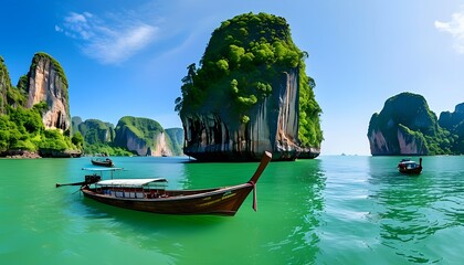 A panoramic view of the Andaman Sea with the iconic limestone cliffs of Phang Nga Bay. Traditional long-tail boats  island country