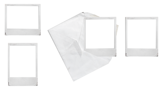  Set of old real Polaroid photos with worn corners: in a crumpled envelope and in different formats, for family and individual photos. With a  shadow. On an isolated transparent background. PNG