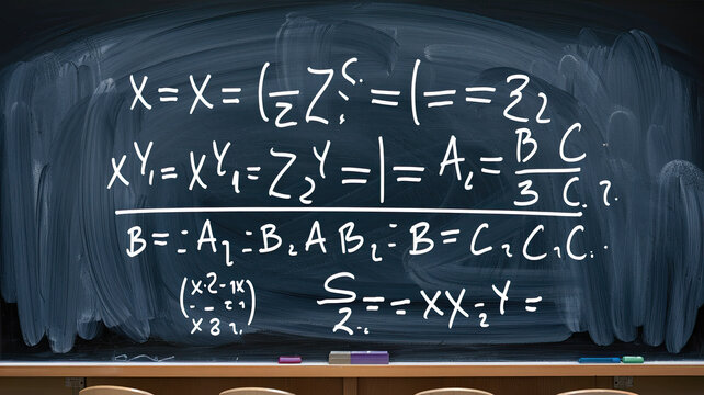 Math equations written in white chalk on a dark chalkboard background, showcasing various mathematical formulas and symbols in a classic educational setting