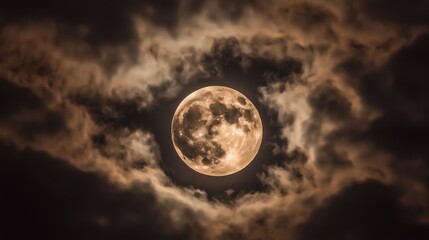 Fototapeta premium The moon glowing behind the moving clouds