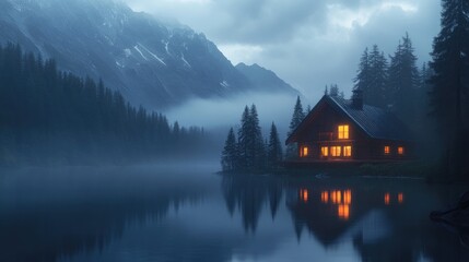 Fototapeta premium A wooden house glows warmly in the dusk, its light reflecting in a still lake, surrounded by misty mountains and forest.