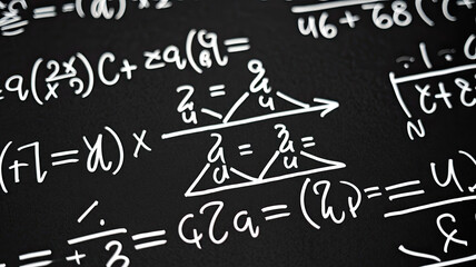Math equations written in white chalk on a dark chalkboard background, showcasing various mathematical formulas and symbols in a classic educational setting