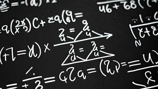 Math equations written in white chalk on a dark chalkboard background, showcasing various mathematical formulas and symbols in a classic educational setting