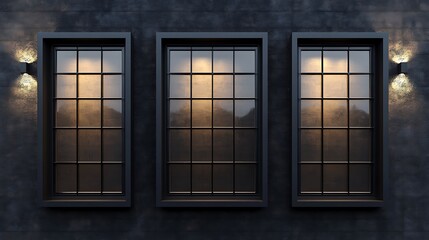Fototapeta premium Futuristic Urban Chic 3D Illustration of Industrial Steel Framed Windows on Dark Background Vector Design