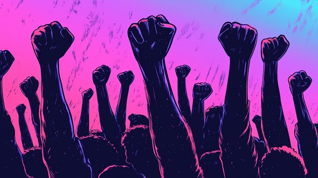 A vibrant display of solidarity with raised fists during a peaceful demonstration advocating for social justice in an urban setting