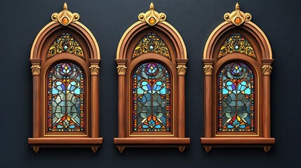 Obraz premium Vintage 3D Wooden-Framed Windows with Stained Glass Inserts on Dark Background - Vector Illustration of Antique Decor