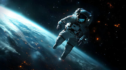 Naklejka premium An astronaut floating in space above Earth, with the planet's curvature and city lights visible in the background.