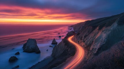 Fototapeta premium A red light trail following a path between rugged cliffs and the ocean during a breathtaking sunrise.