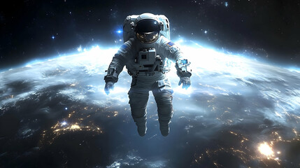Fototapeta premium An astronaut floats in space above a glowing earth.