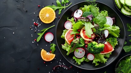 A beautifully arranged salad with fresh greens, orange segments, radishes, and fennel, topped with citrus vinaigrette, placed in a dark bowl on a dark background,