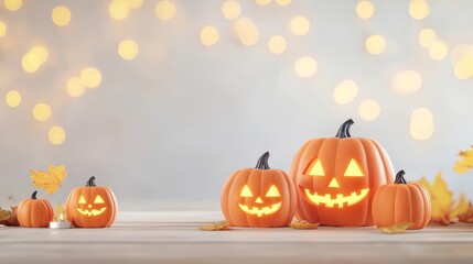 Fototapeta premium A festive display of carved pumpkins glowing in the night, perfect for Halloween celebrations and autumn decorations.