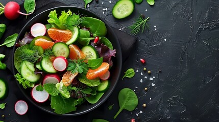 A beautifully arranged salad with fresh greens, orange segments, radishes, and fennel, topped with citrus vinaigrette, placed in a dark bowl on a dark background,