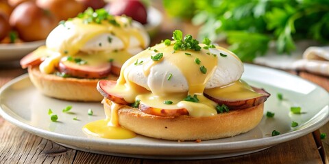 Soft focus intimate morning shot pale yellow hollandaise sauce pooling on plate around poached eggs and crispy ham on toasted english muffin