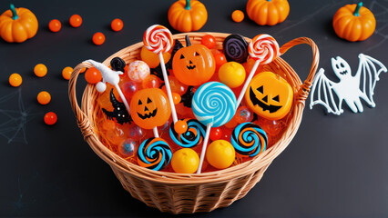 Colorful Halloween candy basket with pumpkin and ghost decorations