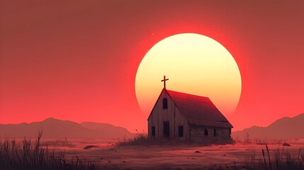 Obraz premium Forgotten Chapel in Crimson Sunset Landscape with Leaning Architectural Design