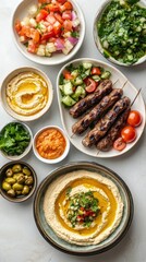 A colorful array of traditional Arabic dishes including grilled kebabs, hummus, fresh salads, and various dips arranged beautifully
