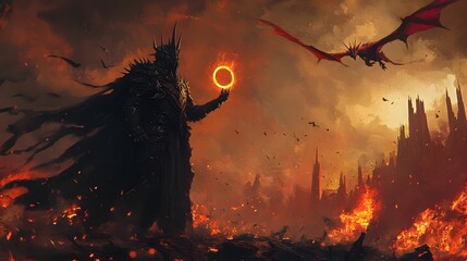 Menacing Dark Lord Wielding Radiant Artifact Amid Fiery Battlefield with Soaring Dragons