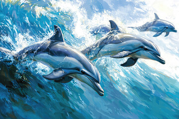 Naklejka premium A playful pod of dolphins leaps joyfully through a shimmering ocean, showcasing their elegance and playful nature in the waves.
