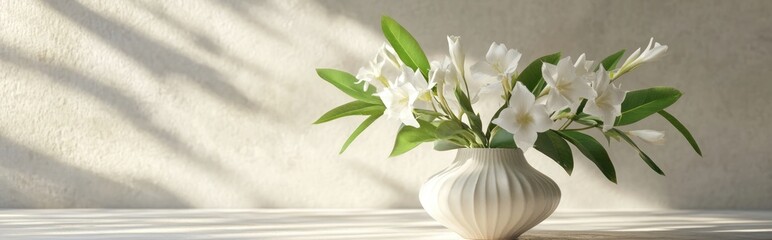 Obraz premium 3D rendering of a vase adorned with tuberose and leaves