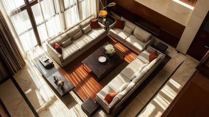 Aerial view of a modern living room, highlighting a cozy seating area, elegant furniture, and a harmonious color scheme.