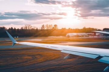 a view from airplane wings on the runway before sunset