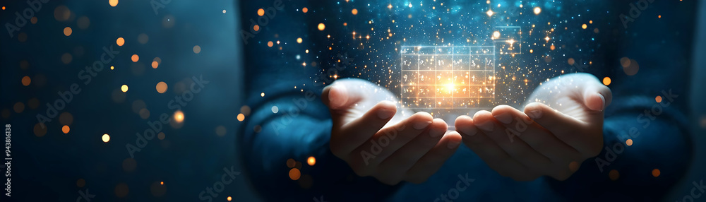 Poster person with magic calendar and floating dates concept as a person holding a magic calendar with floa