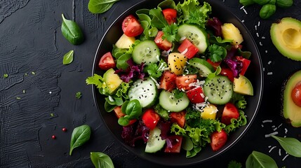 A beautifully arranged tropical salad with fresh greens, pineapple, avocado, and a light coconut dressing, placed in a dark bowl on a dark background, emphasizing the contrast and vibrant colors,