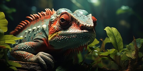 Obraz premium Close-up of a Vibrant Chameleon in a Lush Rainforest Setting