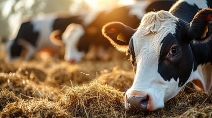 Close-up of a cow in a farm field with other cattle grazing in the background