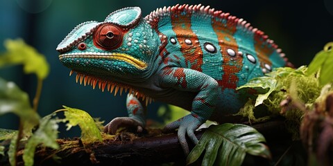 Fototapeta premium Vibrant Chameleon on Branch in Tropical Rainforest