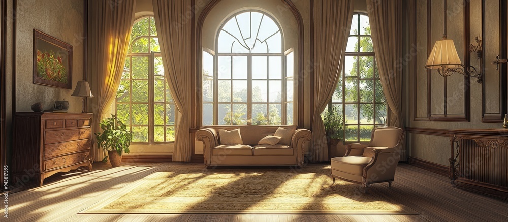 Wall mural 3D rendering of a living room interior