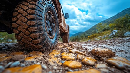 Off-road tires in motion, kicking up clouds of sand as the vehicle conquers the harsh desert environment, with the vast wilderness ahead 