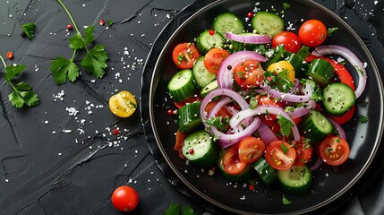 A colorful medley of fresh vegetables including bell peppers, cherry tomatoes, cucumbers, and red onions, lightly tossed in vinaigrette, presented on a dark, elegant plate,