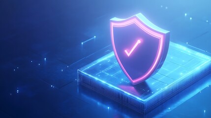 Fototapeta premium 3D digital rendering of a glowing shield icon representing cybersecurity in a futuristic blue environment.