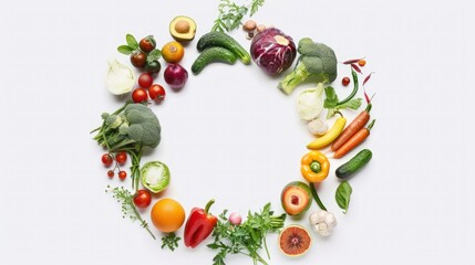 Various Vegetables And Healthy Food In Circle On White Background