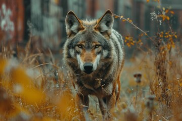 Fototapeta premium A wolf traversing through a field filled with tall grass