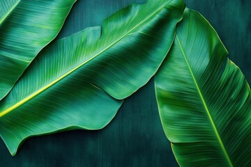 Obraz premium Three Vibrant Green Banana Leaves on a Teal Background