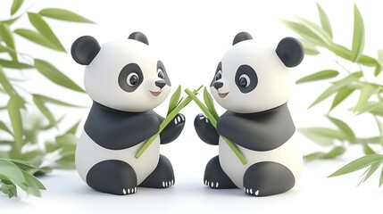 Naklejka premium Playful Claymation Pandas Enjoying Bamboo Snack on White Background
