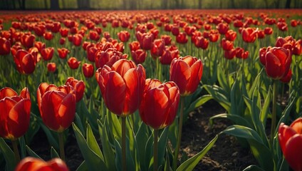field of red tulips