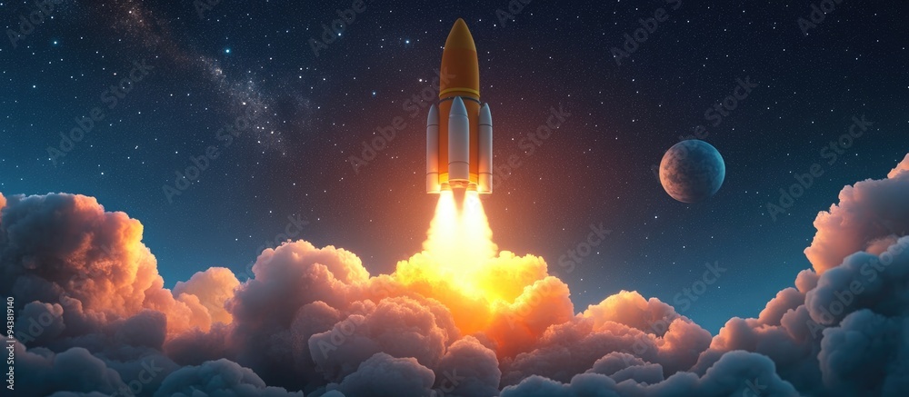 Aufkleber Successful launch of a space rocket into outer space in a 3D cartoon rendering Spaceship lifting off into a starry sky symbolizing travel and exploration of other planets