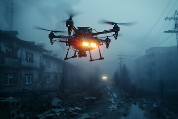 Naklejka premium Autonomous drones delivering emergency supplies to disaster-stricken areas.A drone is quietly flying high over a city illuminated at night
