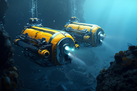 Autonomous diving robots exploring the depths of the ocean for scientific research.Two submarines are slowly floating ocean near a coral reef