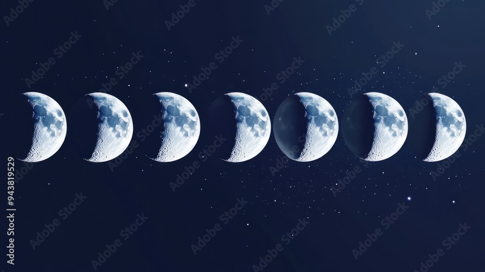 Poster line icons depicting phases of the moon in 3d cartoon rendering