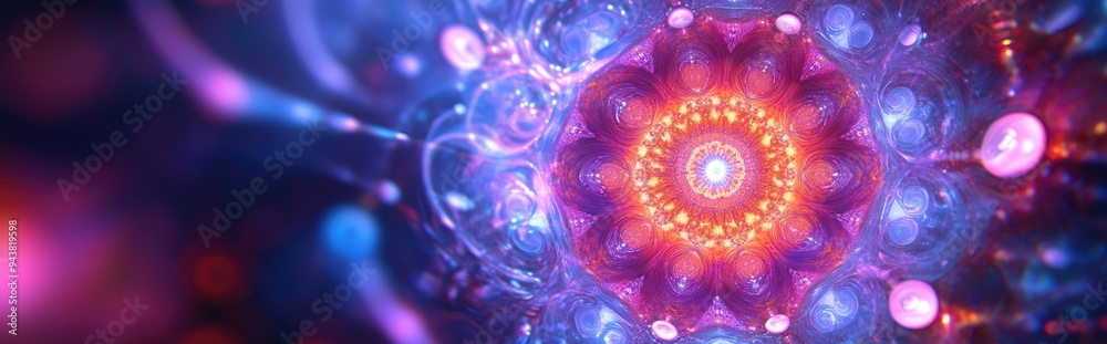 Poster Beautiful mandala in a 3D cartoon rendering Abstract fractal shapes and patterns Infinite universe with mysterious psychedelic relaxation designs Liquid acrylic paints and sacred geometry