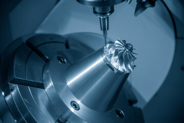 The 5-axis CNC milling machine  cutting the turbocharger part with solid ball end mill tool.