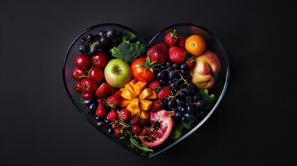 A colorful heart-shaped bowl filled with fresh fruits and vegetables on a black background, symbolizing a healthy heart and immune system. Perfect for a health and wellness theme.
