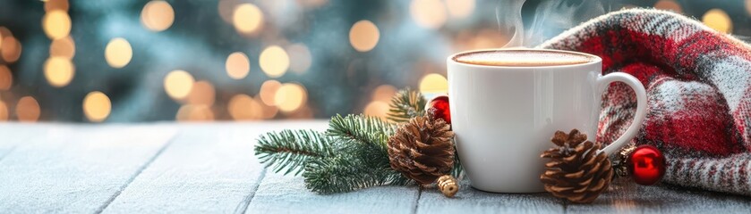 Cozy winter scene with a mug of hot cocoa, pine branches, and a plaid blanket.